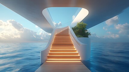 Fototapeta premium Illuminated wooden staircase on a luxury yacht, leading to an open-air deck with ocean views.
