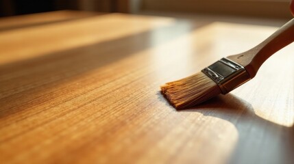 A paintbrush applying a smooth, even coat of finish to a light brown wooden surface, illuminated by warm, natural light.