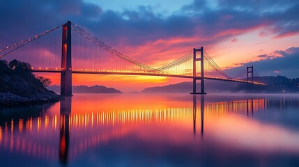 Vibrant sunset over a suspension bridge reflecting on calm water.