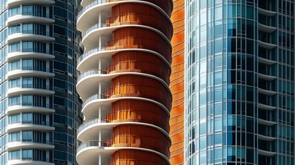 A minimalist architectural abstract featuring the intersection of multiple building facades, where repetitive linear patterns meet organic curves for a bold visual contrast