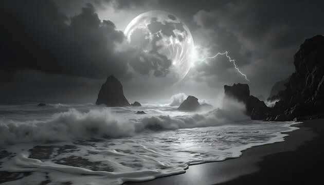 Dramatic Seascape: Moonlit Ocean, Stormy Waves, and Rugged Coastline