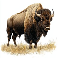 Majestic American Bison Standing Proudly in Tall Grassland with Large Horns and Thick Fur Coat