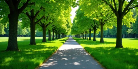 Obraz premium A sun-dappled path winds through a vibrant green landscape, lined with majestic trees casting long shadows on the lush grass, creating a serene and picturesque outdoor scene.