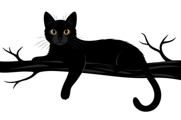 Silhouette of a Black Cat Resting on a Tree Branch