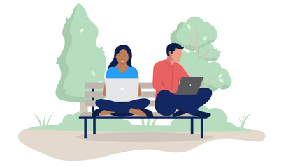 Working on laptops outdoors - Man and woman couple sitting on park bench with crossed legs smiling and doing remote work online together. Flat design vector illustration on white background