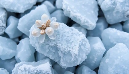 Delicate frozen flower on icy blue rocks