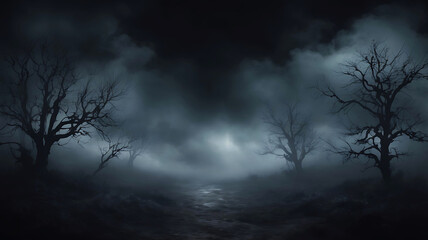 Dark mystery fog cover trees on haunting background