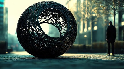 Man observing woven metal sphere sculpture in city square at sunrise