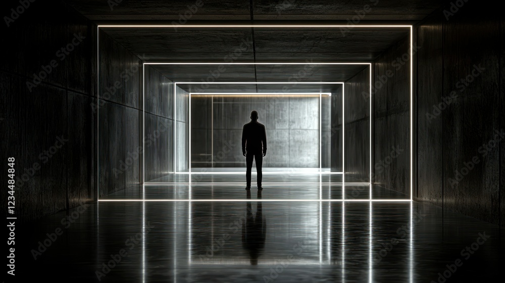 Poster man standing in dark concrete corridor with glowing rectangular frames
