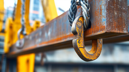 A rusty metal hook is hanging from a crane