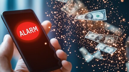 A smartphone screen displays a red alarm alert, indicating a financial security breach. Floating dollar bills symbolize financial loss and cybercrime