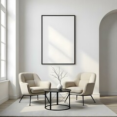 A minimalist interior scene featuring two modern beige armchairs with curved backs positioned around a round black metal coffee table. A large blank picture hangs on the light-colored wall