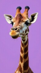 Fototapeta premium Funny giraffe in clothes, wearing a hat on a purple background. Modern design. Sale, advertising, discounts, special offers. Business concept. A creative fashion banner that copies the space.