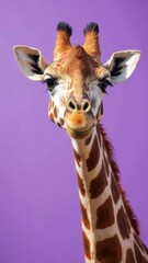 Obraz premium Funny giraffe in clothes, wearing a hat on a purple background. Modern design. Sale, advertising, discounts, special offers. Business concept. A creative fashion banner that copies the space.