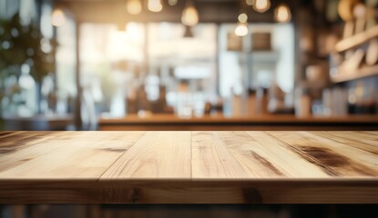 Empty wooden table in blurry coffee shop background.