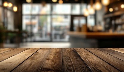 Empty wooden table in blurred cafe background. (9)