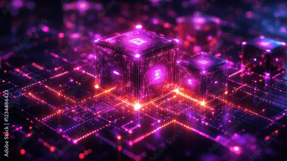Poster abstract digital cubes illuminated in a vibrant, futuristic circuit environment.