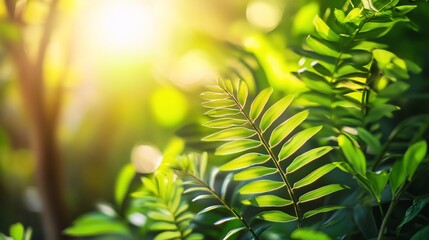 Fototapeta premium Sunlight filtering through lush green foliage creating a peaceful natural scene