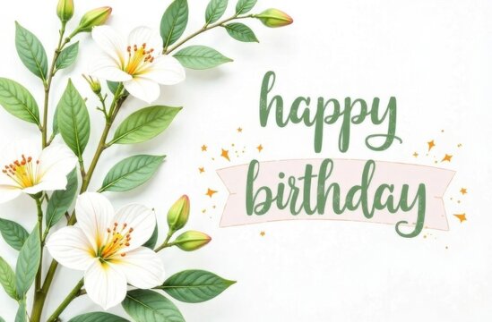 A beautiful greeting card with the text or inscription "happy birthday" on a white background. Next to it is a twig with flowers.