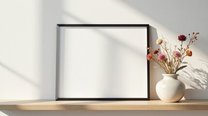 A Blank Frame and Dried Flowers on a Light Wooden Shelf in a Sunlit Room