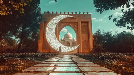 taj mahal moonlit scene: whimsical crescent moon archway frames mystical islamic architecture with intricate carvings and serene garden in digital surreal art