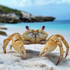 Close-Up of a Colorful Crab on Sandy Beach with Ocean and Blurred Background in Tropical Setting