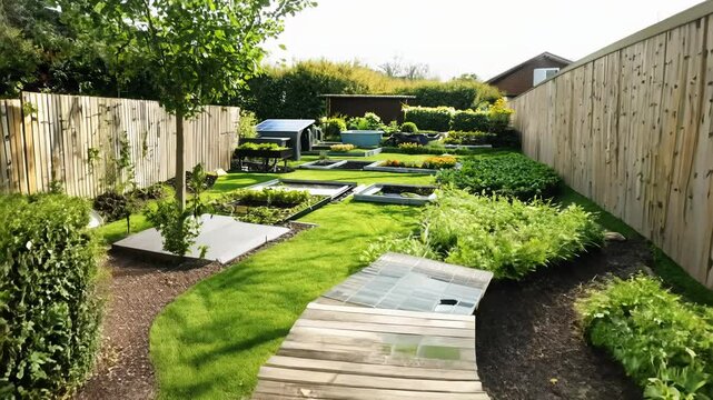 Dolly out video, natural light, camera retreats from a winding path made of reclaimed wood, sustainable and eco-friendly garden design elements