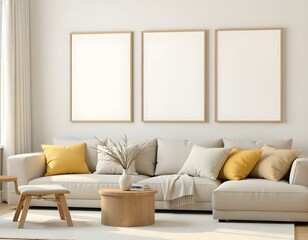This is a modern living room with a light-colored sofa adorned with yellow cushions. In front of the sofa is a wooden coffee table with a decorative vase containing dried flowers.