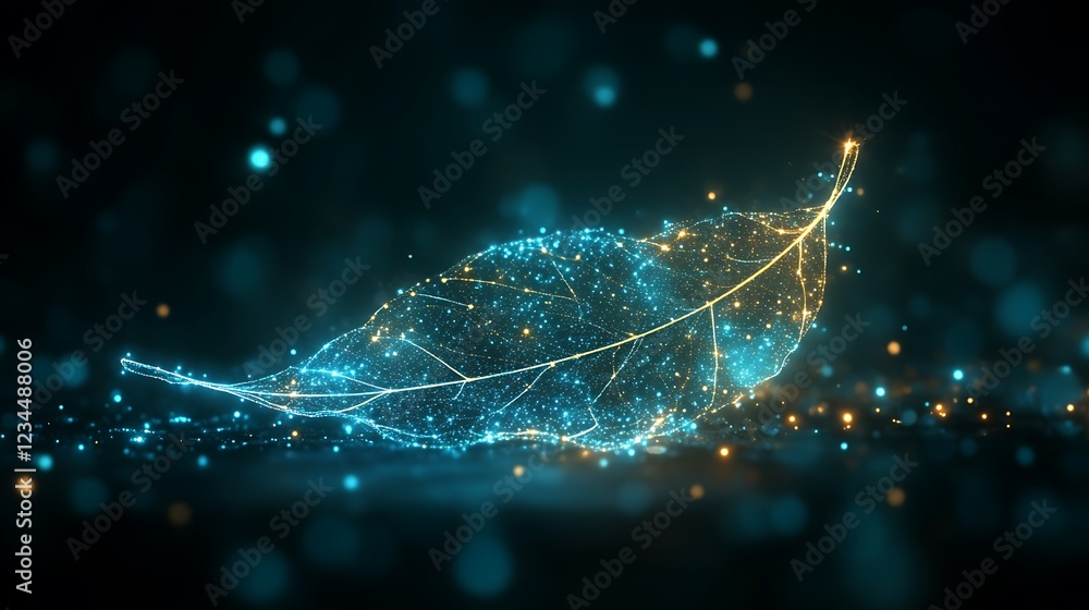 Poster digital leaf glowing on dark background with bokeh lights effect nature
