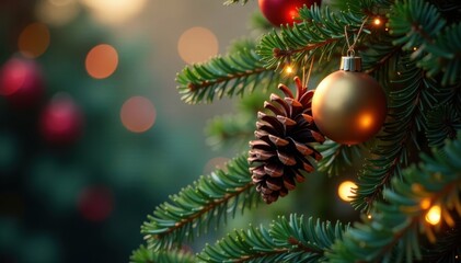Tree branches with pinecones softly illuminated by ambient light, festive atmosphere, ornaments