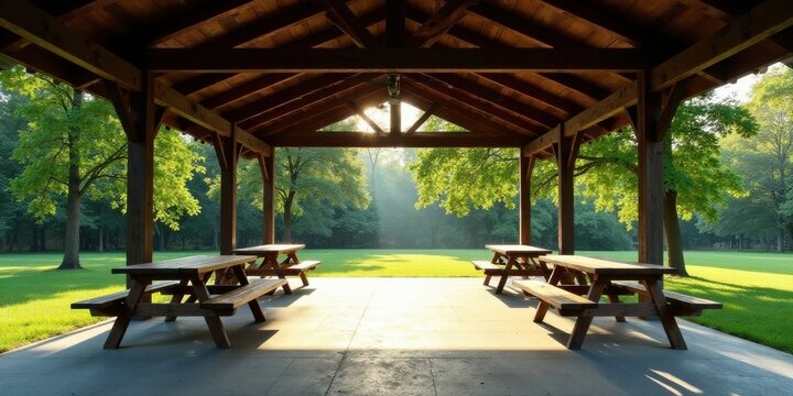 Serene park pavilion with picnic tables bathed in morning sunlight, offering a tranquil escape amidst lush greenery.