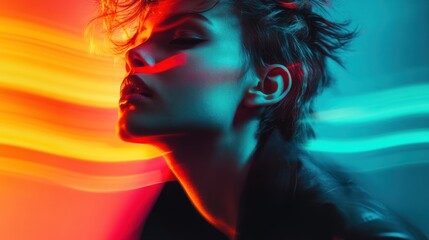 Fototapeta premium Woman poses with colored light streaks, fashion shoot, abstract background, commercial use