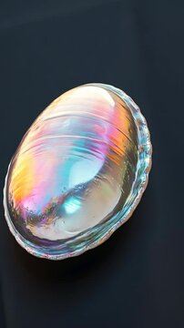 Colorful abalone shell resting on a dark surface with iridescent hues reflecting light