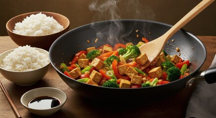 Delicious Tofu Stir Fry with Rice and Vegetables