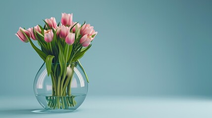 Obraz premium A beautiful bouquet of pink tulips in an elegant glass vase