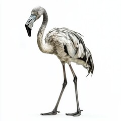 Obraz premium Elegant Young Flamingo Walking Gracefully on a White Background with Highlighted Features and Unique Color Patterns
