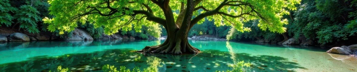 Un claro con agua cristalina y un gran arbol en el centro, nature, water