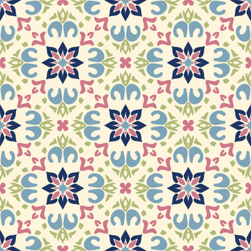 Vector seamless pattern in ethnic folk style. Abstract floral geometric ornament with indian, mughal, oriental, indonesian, asian, mexican motifs. Colorful background texture. Repeat tiles geo design