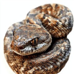 Obraz premium Close-Up of a Coiled Snake Displaying Unique Scales and Captivating Eyes in a Neutral Background