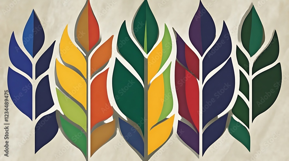 Poster abstract multi-colored leaves pattern in a symmetrical design on a light background