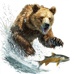 Fototapeta premium Exciting Moment of a Grizzly Bear Chasing Salmon in Clear Water Splashing Around in Nature