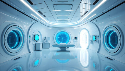 Futuristic spaceship interior, sleek blue lighting, circular control room, holographic displays, sci-fi technology, glowing panels, curved walls, high-tech cockpit, neon accents, space exploration, di