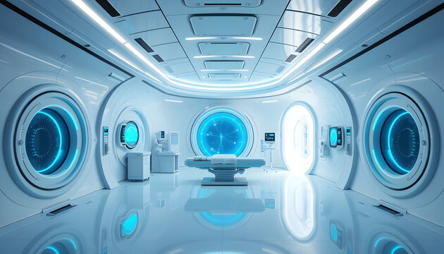 Futuristic spaceship interior, sleek blue lighting, circular control room, holographic displays, sci-fi technology, glowing panels, curved walls, high-tech cockpit, neon accents, space exploration, di