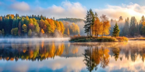 Fototapeta premium Misty dawn over a serene lake surrounded by autumn forest, with fog rolling in and wild trees swaying gently in the morning breeze , nature, tranquility
