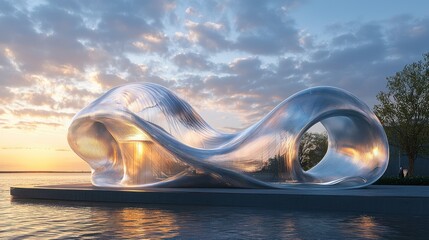 Metallic sculpture at waterfront park reflecting sunset over water