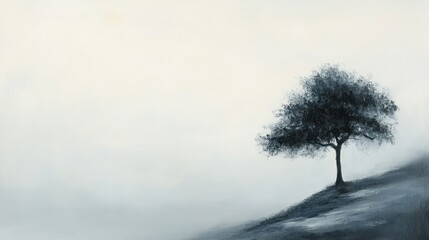 Solitary tree on foggy hill, peaceful dawn landscape, serene nature scene, ideal for meditation or relaxation