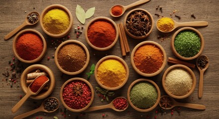 Vibrant Spice Collection in Wooden Bowls on Rustic Table