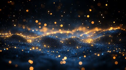 Golden lights and sparkles dancing over a dark textured surface resembling sand dunes
