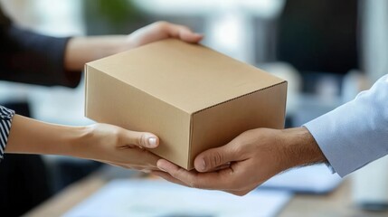 Person Handing Over a Brown Cardboard Box in an Office Environment with Soft Focus Background for Delivery or Package Exchange Concept