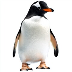 Charming Gentoo Penguin Standing Gracefully on White Background with Distinctive Orange Beak and Fluffy Body
